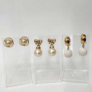 Lot of 3 Pairs Vintage Gold Tone Pearl Earrings –‎ Bow, Hoop & Stud Styles